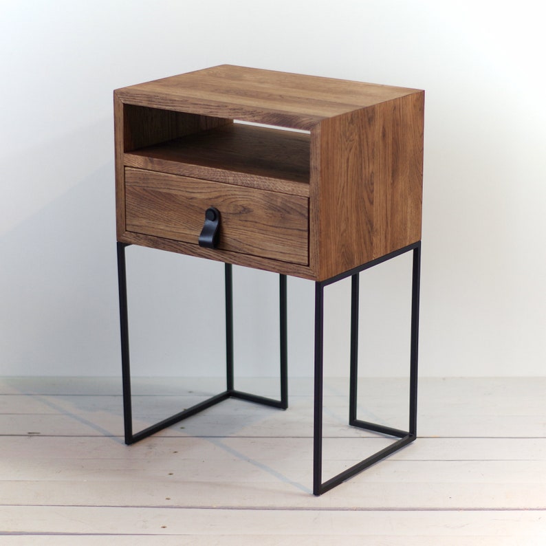 Industrial nightstands Mid Century Industrial Style bedside Solid oak and black finish metal legs Side table Bedside NO-ID-03-01 画像 2