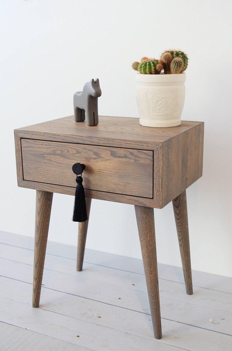 Gray Oiled Solid Oak Bedside Table With Drawer Mid Century - Etsy