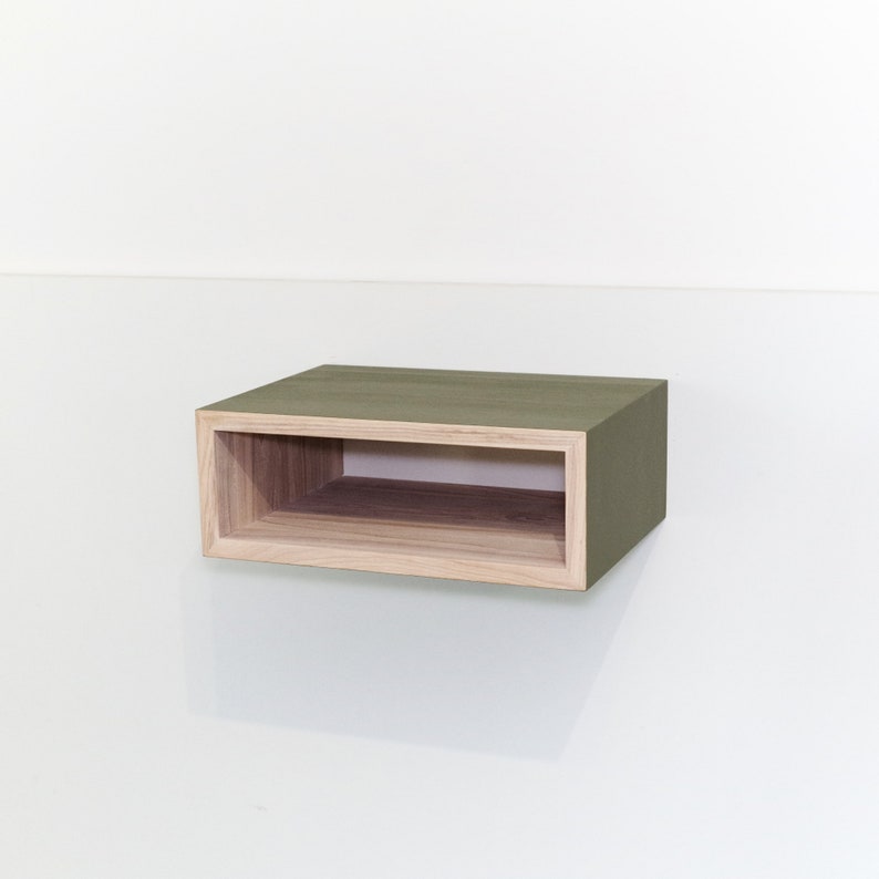 Green floating Nightstand with Drawer ash nightstand Mid Century Modern Bedside Table Solid Wood Shelf / Nursery Wooden Floating Shelf image 3