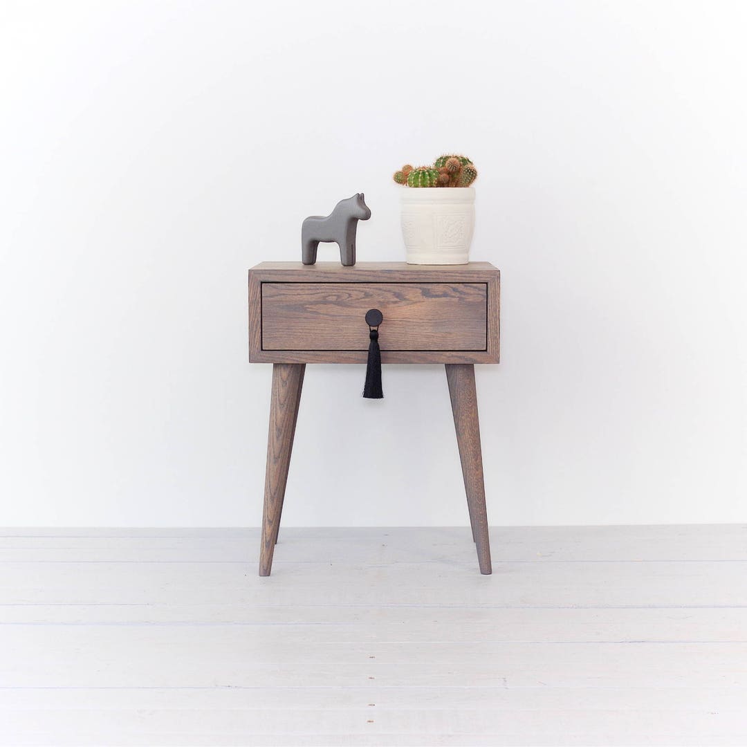 Gray Oiled Solid Oak Bedside Table With Drawer Mid Century