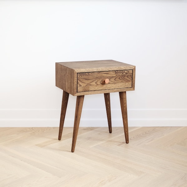 Nachttisch aus geräucherter Eiche mit Schublade|moderne Möbel aus der Mitte des Jahrhunderts|skandinavischer Stil|SchlafzimmermöbelNO-02-ES
