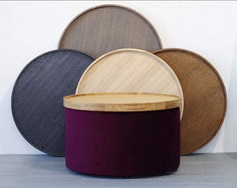 Set of Big Round pouf and wooden oak tray| velvet ottoman pouf | Side table | | Floor pouf | Home decor pouf | coffee table | pouf