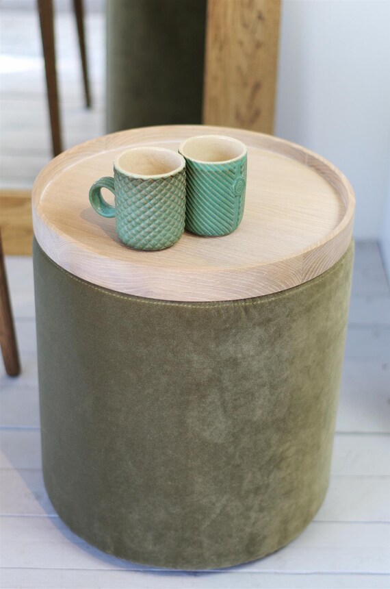 Set of Round pouf and wooden tray Round velvet ottoman pouf Etsy
