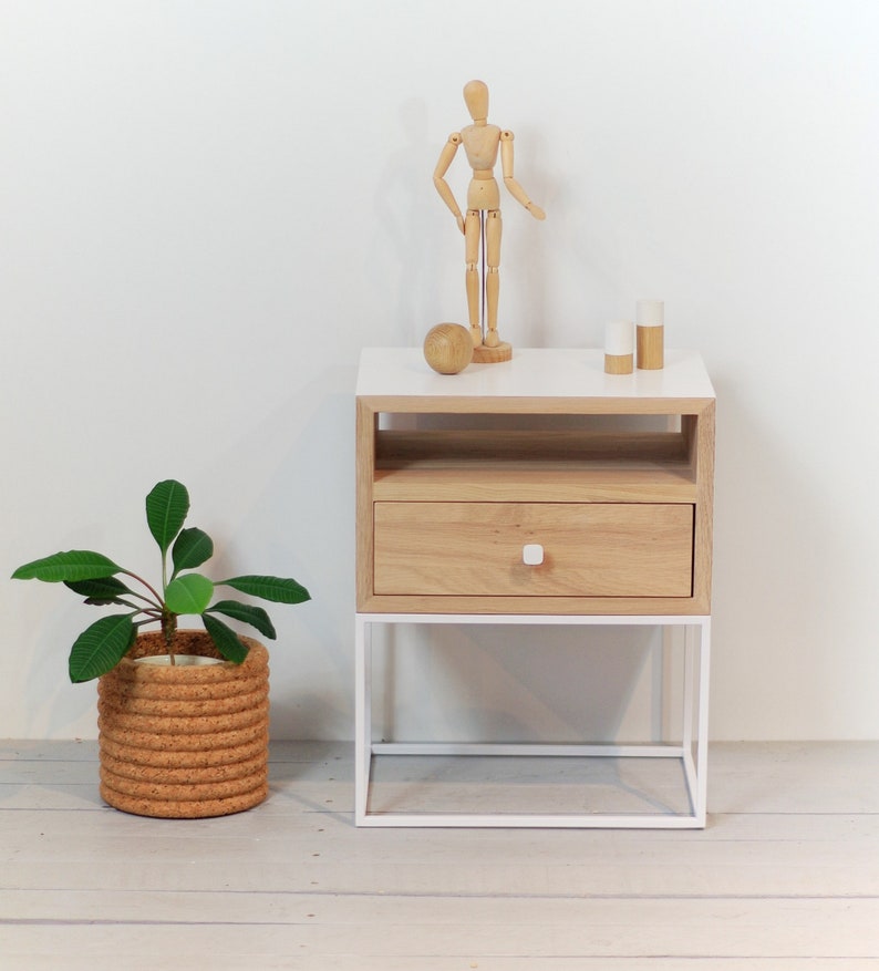 White Industrial Nightstand With Metal Legs Mid Century Etsy