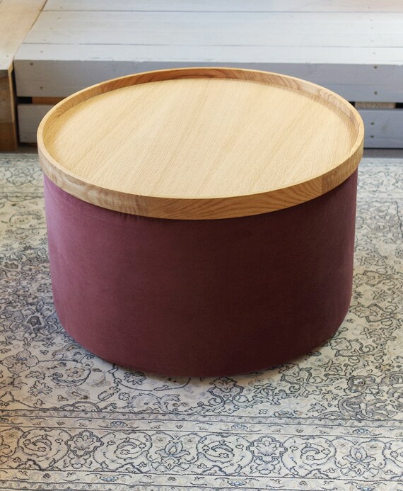 Set Of Two Big Round Pouf And Wooden Oak Tray Velvet Ottoman Image 0