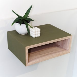 Green floating Nightstand with Drawer ash nightstand Mid Century Modern Bedside Table Solid Wood Shelf / Nursery Wooden Floating Shelf image 1