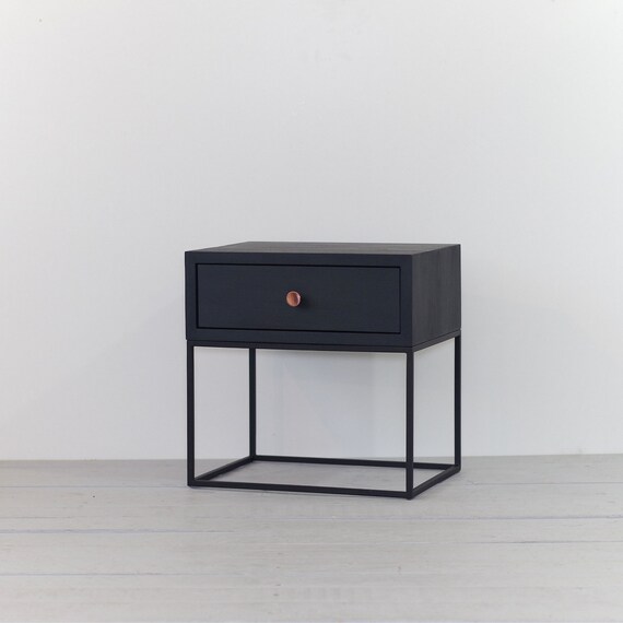 Black Industrial Nightstand Mid Century Style Solid Oak Etsy