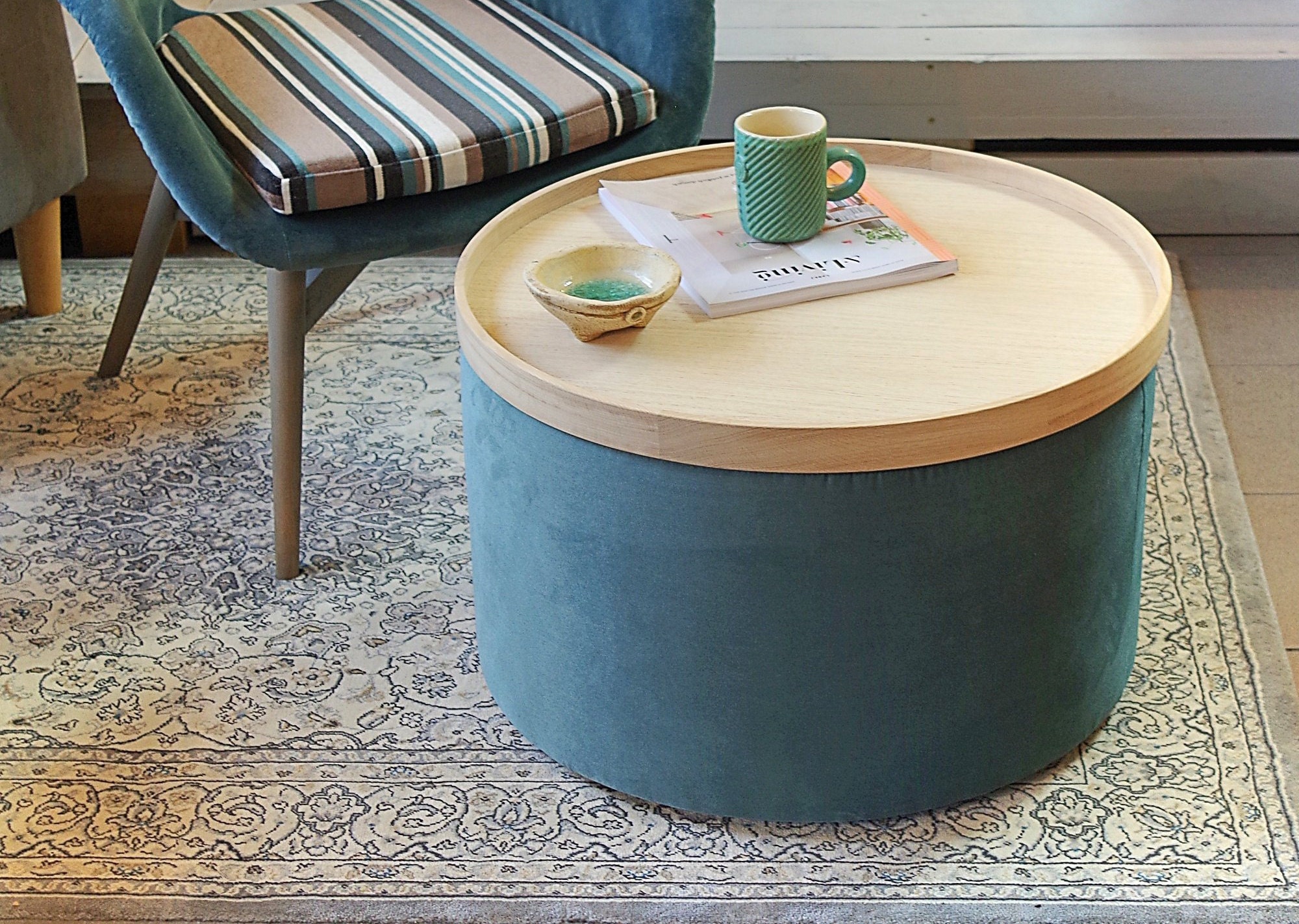 Set Of Big Round Pouf And Wooden Oak Tray Velvet Ottoman 50