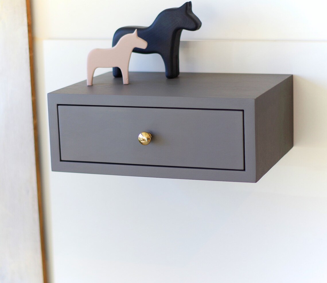 Grey Floating Nightstand With Drawer Oak Nightstand Mid Etsy
