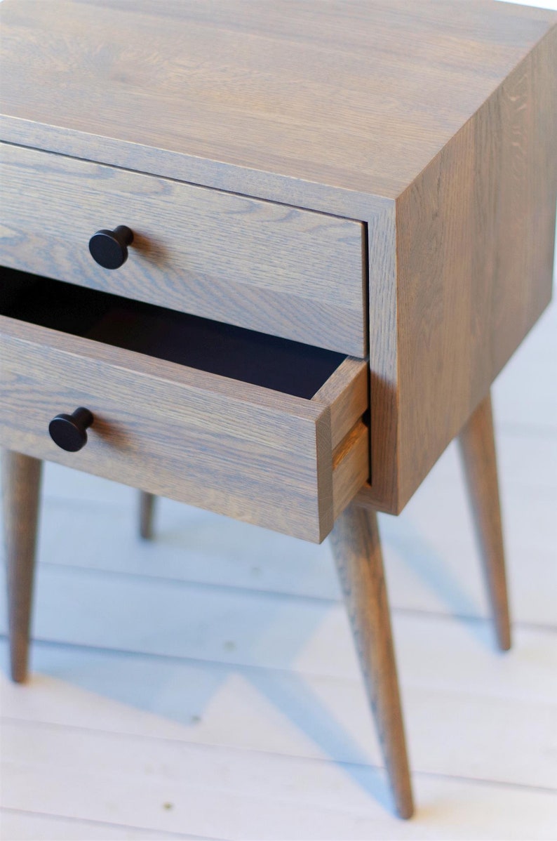 Grey Two Drawers Nightstand Mid Century Modern Bedside Table Etsy