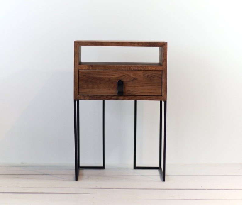 Industrial nightstands Mid Century Industrial Style bedside Solid oak and black finish metal legs Side table Bedside NO-ID-03-01 image 1