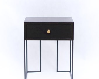 Black Bedside Table | Mid Century Industrial Style | Solid oak wood and black finish metal legs| Nightstand with Drawer NO-02-NB