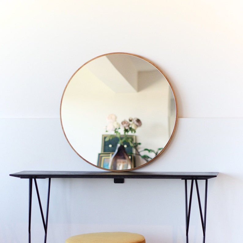 Round Oak Hanging Mirror Wooden Frame Bathroom Entrance Modern