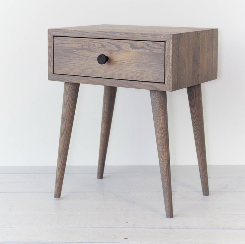 Gray Oiled Solid Oak Bedside Table With Drawer Mid Century Etsy