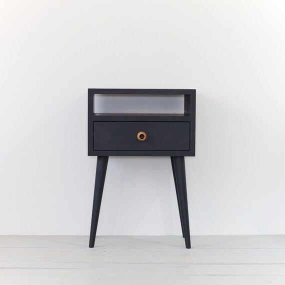 Solid Oak Black Bedside Table With Drawer Painted Nightstand Etsy