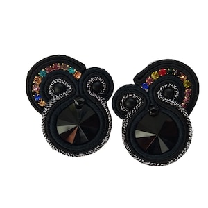 Black large stud earrings Soutache, Black and antique silver earrings, Black rhinestone earrings, Soutache jewelry, Jewelry gift for sister