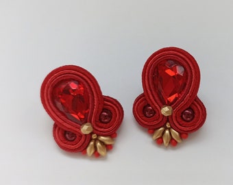 Bright Red Soutache large stud Earrings, Cherry Red Crystal Rhinestone earrings, Red wedding earrings, Birthday gift for sister