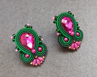 Emerald Green Fuchsia soutache Embroidered Earrings, Green Pink Prom Earrings, Magenta Large stud Earring, Forest Green Crystals Earrings