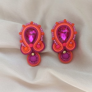 Orange Fuchsia bright Short Crystals Earring, Soutache Embroidered Pink Earring, Colorful Earring, Magenta Prom Evening Earring, Neon Orange