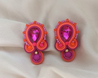 Orange Fuchsia bright Short Crystals Earring, Soutache Embroidered Pink Earring, Colorful Earring, Magenta Prom Evening Earring, Neon Orange