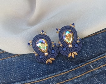 Navy blue gold soutache earrings, Dark blue large stud crystal earrings, Blue gold everyday earring, Gold rhinestone earring, Blue earring