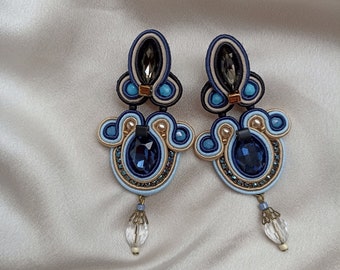 Pendientes azul celeste beige Soutache, Pendientes medianos largos azul marino beige, Pendientes cristal tallado azul claro largos