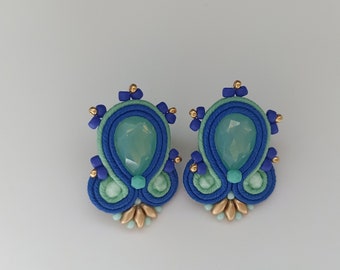 Mint Green cobalt blue large stud earrings, Soutache embroidered earrings, Royal blue earrings, Mint Green indigo blue crystals prom earring