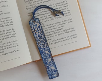 Blue and White tile azulejo bookmark, Wood bookmark, Spanish portuguese tile bookmark, Mediterranean tile, Portuguese tile, Bookish gift