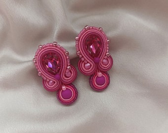 Pink fuchsia large stud crystals earrings, Pink Soutache embroidered earring, Prom evening magenta earring, Short rhinestone earring
