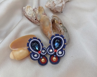 Navy blue marine style soutache earrings, Nautical white blue sailor stripe earrings, Blue red sailor stud earrings, Nautical jewelry