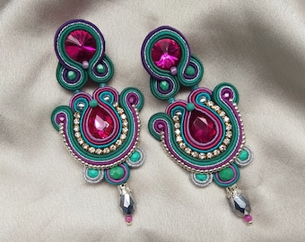 Statement Long Colorful Earrings, Multicolor Soutache Embroidered Earrings, Fuchsia pink Teal Purple earrings, Rhinestone Evening Earrings