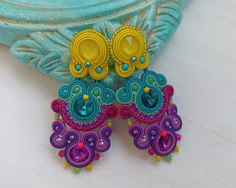 Rainbow colorful Long statement earrings, Boho colorful Soutache earrings, Teal yellow Long Dangle drop earrings, Magenta Purple earrings