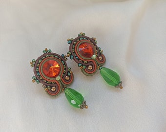 Brown olive Green Soutache stud teardrop earrings, Dark Orange terracotta khaki green earring, Fall earrings, Green teardrop stud earrings