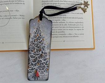Marcapaginas de madera ciudad invierno árbol navidad, Regalo navidad lectores, Marcapaginas decoupage, Separador de libro navidad