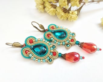 Teal blue gold dangle drop Soutache earrings, Teal red earrings, Red teardrop earrings, Boho  embroidered earrings, Rhinestone Prom earring