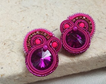 Magenta Fuchsia Pink Large Stud Earrings, Soutache Embroidered Earrings, Hot Pink Textile earring, Oversized Sparkling studs, Magenta studs