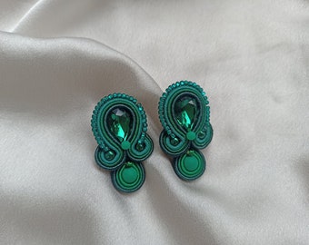 Green large stud crystals earrings, Emerald Green Soutache embroidered earring, Prom evening dark Green earring, Short rhinestone earring