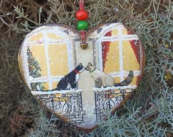 Couple of cats kiss wooden hanging heart Christmas tree decor, Siamese cat ornament, Black and White Cat, Hanging Christmas heart, cat lover