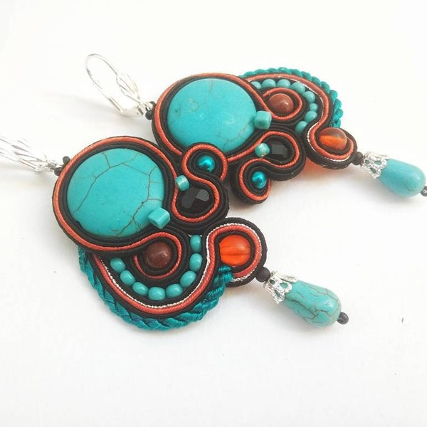 Schwarz soutache Ohrringe, Türkis Ohrringe, runde Ohrringe, soutache Schmuck, Aussage Ohrringe, schwarz-Türkisohrringe, Ohrringe