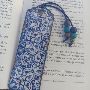 Blue and White tile azulejo bookmark, Wood bookmark, Spanish portuguese tile bookmark, Mediterranean tile, Portuguese tile, Bookish gift image 3