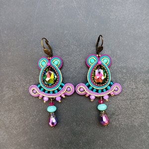 Vitrail gold Soutache drop earrings, Violet orchid lilac purple teal crystal earrings, Colorful fuchsia teal vitrail crystal dangle earrings