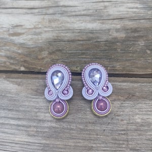 Lilac large stud crystals earrings, Mauve lilac Soutache embroidered earring, Prom evening lilac earring, Short rhinestone earring image 8