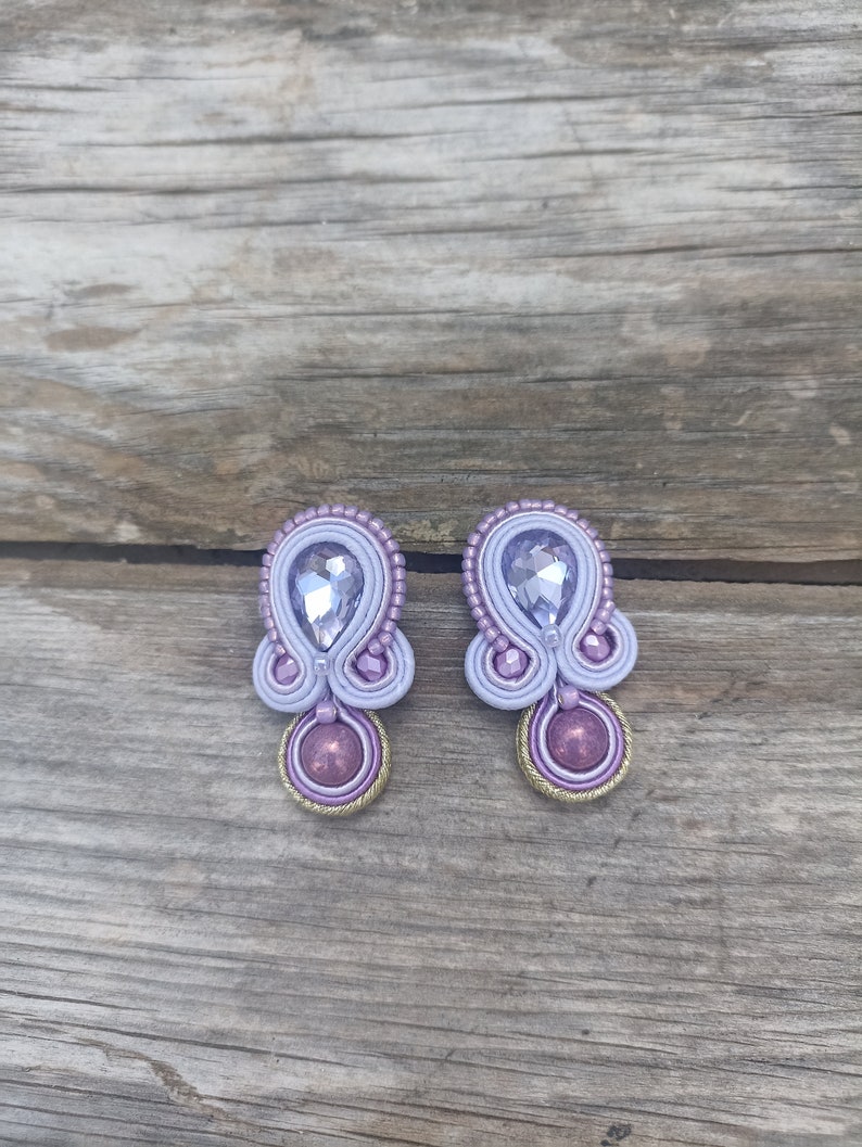 Lilac large stud crystals earrings, Mauve lilac Soutache embroidered earring, Prom evening lilac earring, Short rhinestone earring image 8