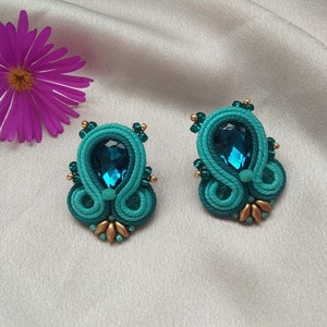 Teal stud crystal earrings, Petrol blue Soutache earring, Teal gold rhinestone earring, Sea green prom evening earring, Beaded earring
