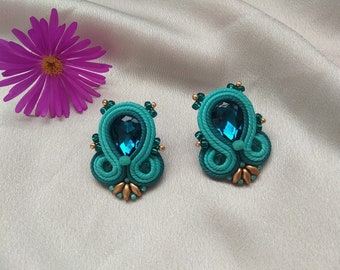 Teal stud crystal earrings, Petrol blue Soutache earring, Teal gold rhinestone earring, Sea green prom evening earring, Beaded earring