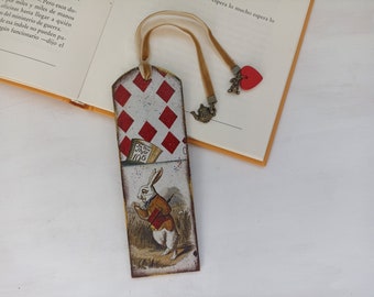 Alice in Wonderland Bookmark, White Rabbit bookmark, Wood Alice bookmark, Bookish gift for reader, Literature bookmark, Librarian gift