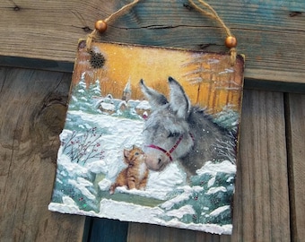Donkey winter Christmas ornament, Donkey Cat Xmas plaque, Hanging Xmas Decor, Donkey decor, Donkey and Kitten, Cat ornament, Xmas wall decor