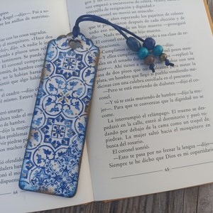 Blue and White tile azulejo bookmark, Wood bookmark, Spanish portuguese tile bookmark, Mediterranean tile, Portuguese tile, Bookish gift image 7