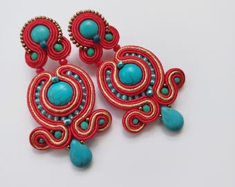 Red and turquoise dangle soutache embroidered earrings, Dangle drop boho earrings, Turquoise teardrop earrings, Lightweight earrings