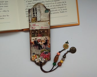 Wood French village bookmark, Provence style, Travel bookmark, Florist Coffee shop Europe streets bookmark, Gift for reader